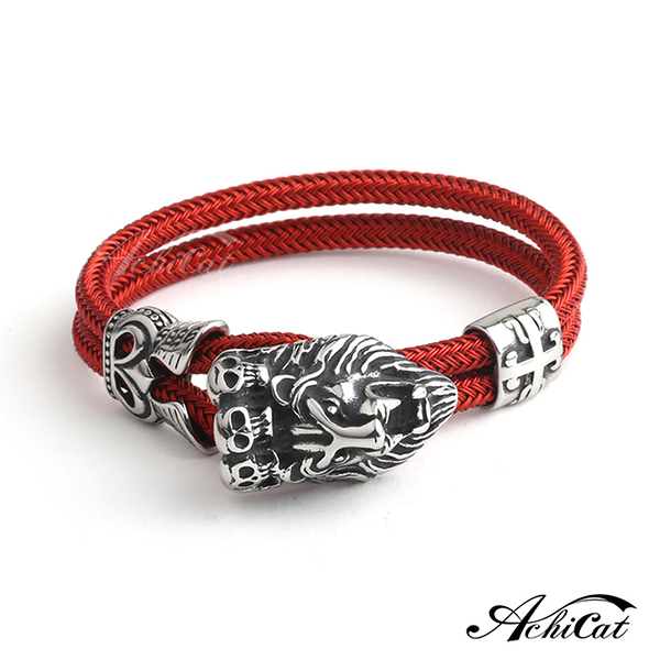 AchiCat白鋼手鍊編織送刻字萬獸至尊十字架 獅頭骷髏造型 紅色款單個價格H8055