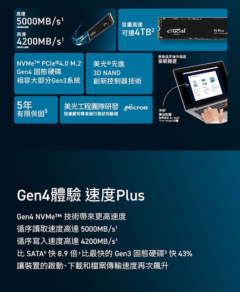 美光 Micron Crucial P3 Plus 500G P3P M.2 PCIe 2280 SSD 固態硬碟 500GB product thumbnail 3