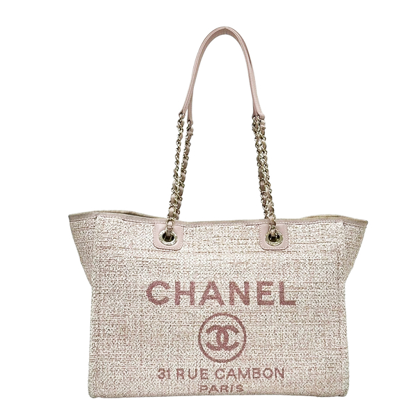 CHANEL 香奈兒 粉色 棉布 Deauville Tote 沙灘 肩背 托特包 【二手名牌BRAND OFF】