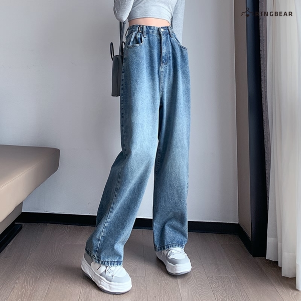 牛仔褲--韓系小姐姐腰間造型釦環增高顯瘦視覺高腰闊腿牛仔長褲(藍M-6L)-N106眼圈熊中大尺碼 product thumbnail 9