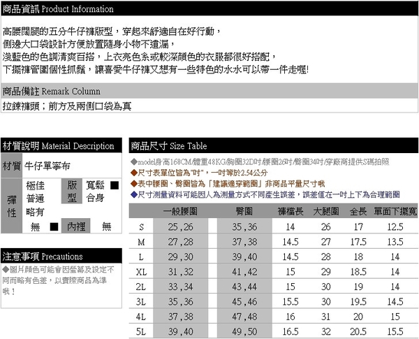 牛仔短褲--舒適顯瘦高腰大口袋褲管圍抓鬚牛仔五分闊腿寬褲(藍S-5L)-R258眼圈熊中大尺碼 product thumbnail 11