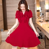 紅色洋裝可愛大紅公主袖壓褶腰身連身約會洋裝[98980-QF]小三衣藏
