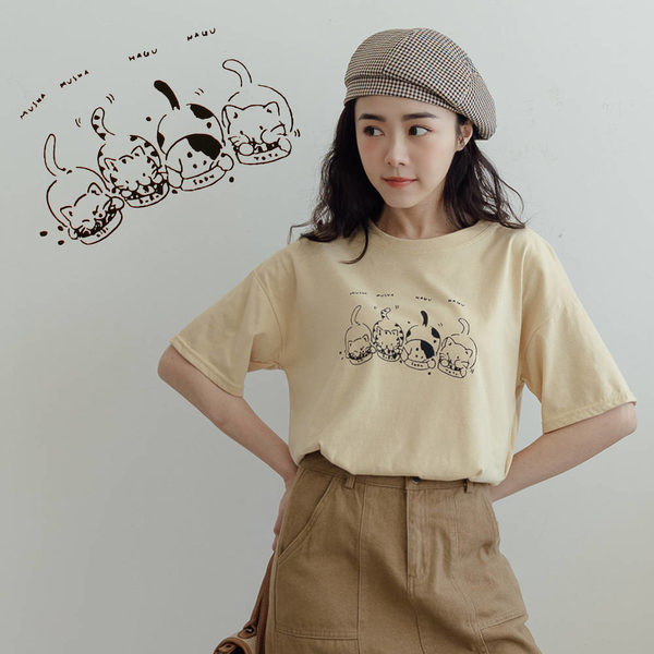 MIUSTAR 四隻吃飯貓手繪造型棉質上衣(共2色)【NL0351RR】預購
