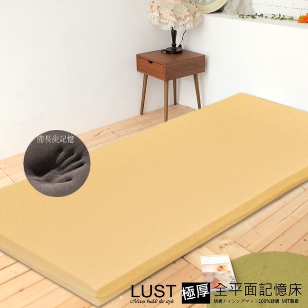 【LUST】3.5尺 10公分記憶床 全平面/備長炭記憶床墊/3M吸濕排汗-惰性矽膠床(日本原料)台灣製