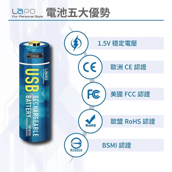 LaPO USB可充式鋰離子3號AA電池組-2入裝 product thumbnail 3