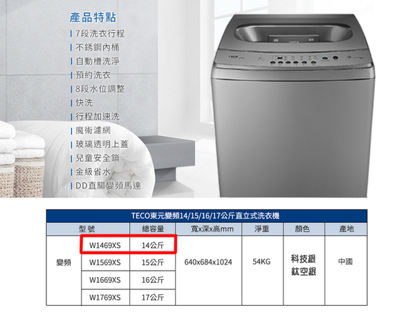 TECO東元14公斤DD直驅變頻直立式洗衣機 W1469XS~含基本安裝+舊機回收 product thumbnail 7