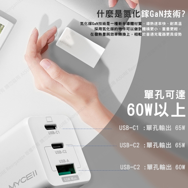 Mycell GaN迷你氮化鎵65W快充充電器(台灣版)+閃速一分二快充傳輸線Type-C to Type-C 65W+Type-C 18W product thumbnail 4