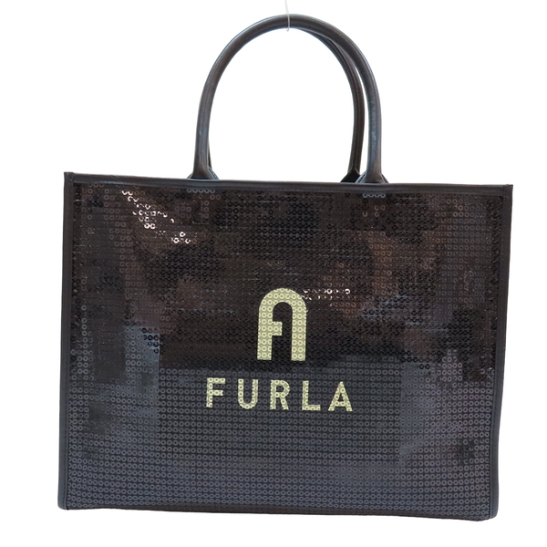 【二手名牌BRAND OFF】FURLA 黑色 皮革 亮片 Opportunity L 托特包 單肩包