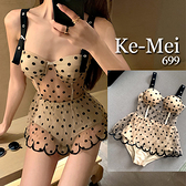 克妹Ke-Mei【ZT68717】歐洲站 奢華法式波點蕾絲罩杯皮釦連身褲