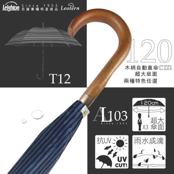 雨傘 陽傘 萊登傘 抗UV 自動直傘 大傘面120公分 防曬 Leotern 直紋鐵藍 product thumbnail 3