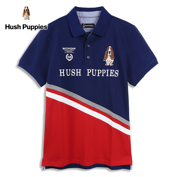 Hush Puppies POLO衫 男裝斜剪接拼接雙LOGO短袖POLO衫