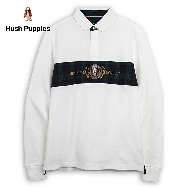 Hush Puppies POLO衫 男裝格紋剪接經典品牌學院風刺繡狗長袖POLO衫