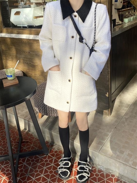 高級感白色氣質西裝毛呢外套女2022秋冬新款小個子溫柔小香風大衣