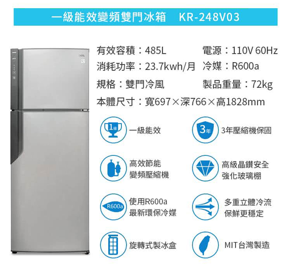 Kolin歌林485公升一級變頻雙門電冰箱 KR-248V03~含拆箱定位+舊機回收 product thumbnail 6