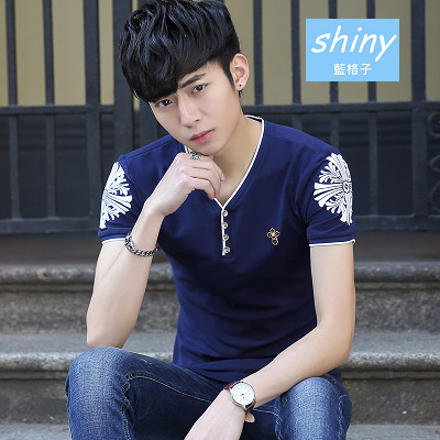 【Y087】shiny藍格子-韓式作風．夏裝簡約印花修身V領短袖T恤