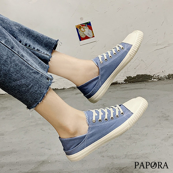 PAPORA二穿式方頭設計休閒鞋帆布鞋K20137黑/白/藍