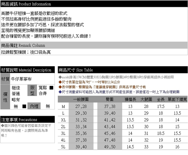 高腰短褲--修身腿長高腰波浪鬆緊鈕扣褲頭寬管牛仔短褲(藍M-5L)-R244眼圈熊中大尺碼 product thumbnail 10