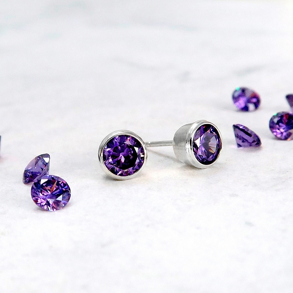 魅紫圓形包鑲耳環 5mm 單鑽鋯石 925純銀耳環 ART64