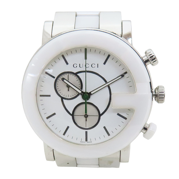 【二手名牌BRAND OFF】GUCCI 古馳 G-Chrono 白色陶瓷 不鏽鋼 石英腕錶 YA101345