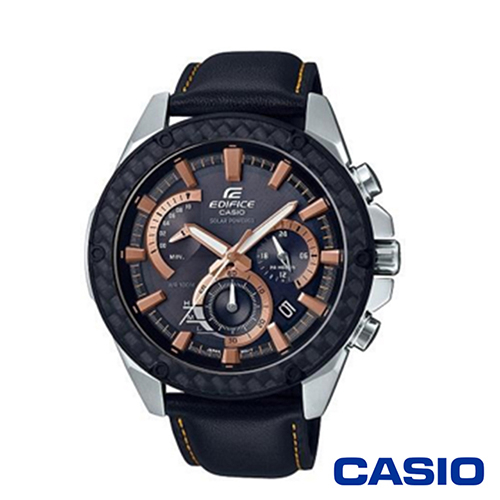 CASIO卡西歐 經典格紋皮革太陽能時計男腕錶-黑x48mm EQS-910L-1A