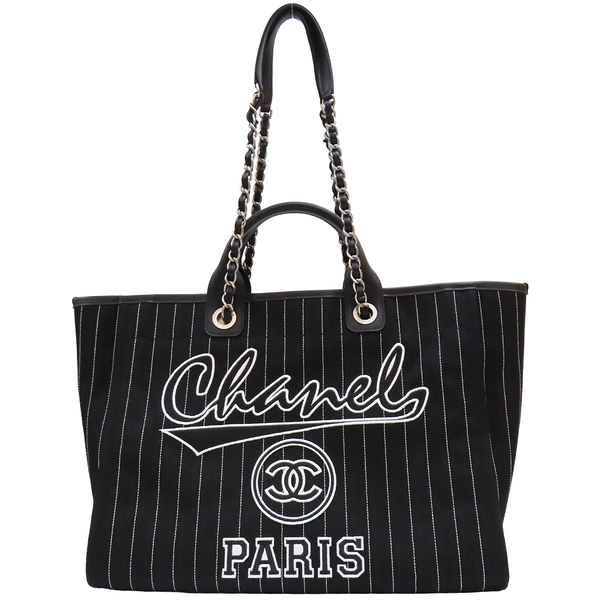 【二手名牌BRAND OFF】CHANEL 香奈兒 黑色 帆布 Striped Deauville 托特包 銀扣