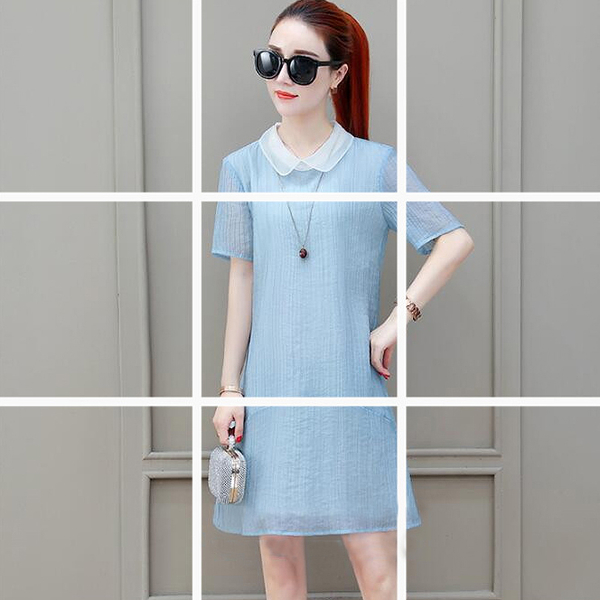 寬鬆白領壓褶紋短洋裝 (黑 姜黃 水藍)11950077