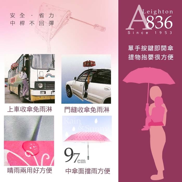 699 特價 雨傘 陽傘 萊登傘 抗UV 防曬 不回彈 無段自動傘 自動開合 銀膠 經典素色 Leighton(粉紅) product thumbnail 7