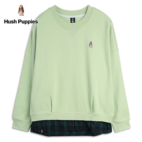 Hush Puppies 上衣 女裝下擺拼接格紋落肩長袖上衣