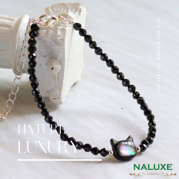 【Naluxe】黑尖晶石|深海蝶貝|黑白貓咪設計款開運能量水晶手鍊(護佑平安、守護石) product thumbnail 2