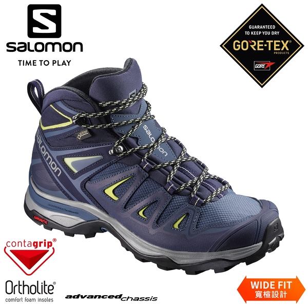 【SALOMON 索羅門 女 X ULTRA 3 GTX 中筒登山鞋WIDE《藍/綠》】401296/防水越野鞋/戶外健行鞋