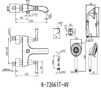 【麗室衛浴】美國KOHLER Memoirs 附牆浴缸花灑龍頭(鉻) K-72661T-4V-CP 一字型把手
