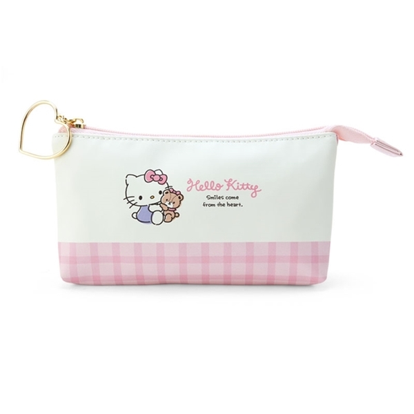 小禮堂 Hello Kitty 皮質三角雙層筆袋 (米粉格子抱熊款) 4550337-300831