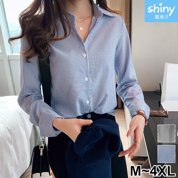 【V3225-1】shiny藍格子-瑕疵特賣．顯瘦豎條紋翻領長袖襯衫