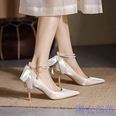 尖頭細跟高跟鞋法式綢緞單鞋女日常可穿白色伴娘新娘配婚紗婚鞋細跟成人禮高跟鞋