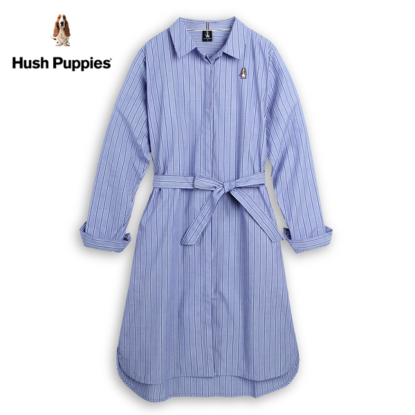 Hush Puppies 洋裝 女裝知性直條紋綁帶暗門襟襯衫領洋裝