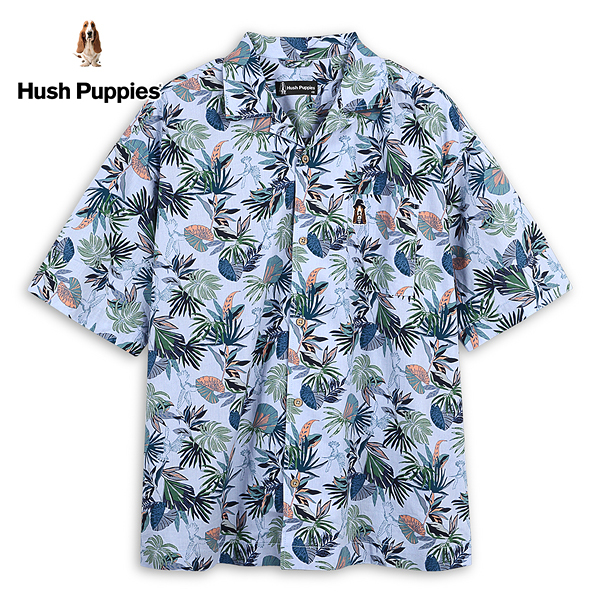 Hush Puppies 襯衫 男裝海灘風刺繡漁夫帽狗古巴領寬版花襯衫