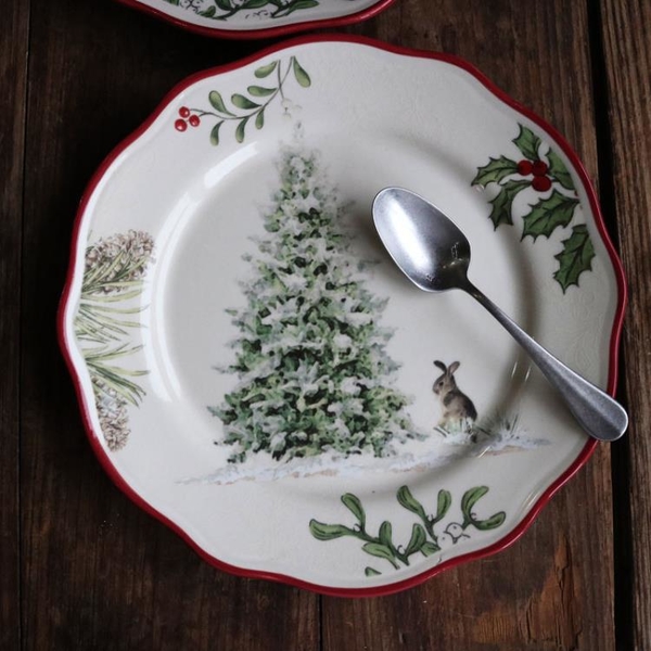 W1962美國鄉村系列陶瓷釉中彩復古節日款圣誕8寸餐盤美式田園風景