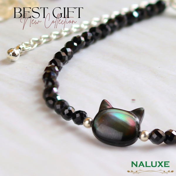 【Naluxe】黑尖晶石|深海蝶貝|黑白貓咪設計款開運能量水晶手鍊(護佑平安、守護石) product thumbnail 6
