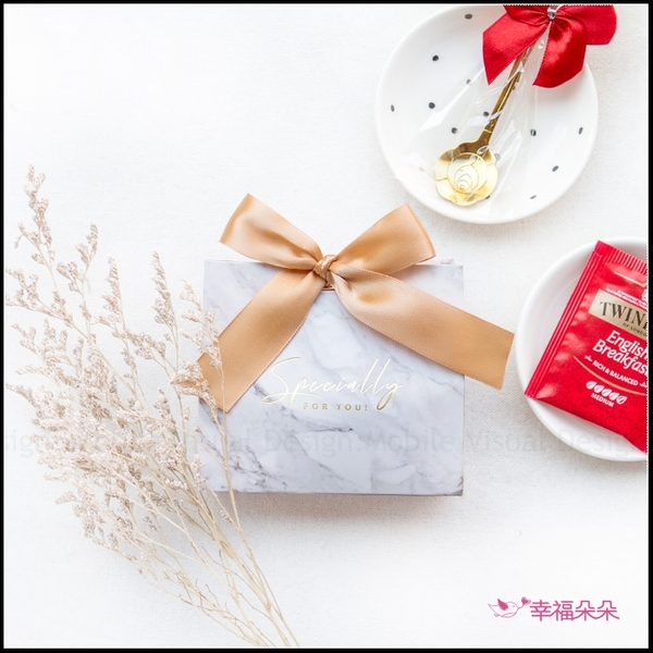 簡約精緻小禮袋-唐寧茶包+英國果醬+玫瑰湯匙(金色緞帶+白大理石紋) 生日禮物 交換禮物 Tiptree