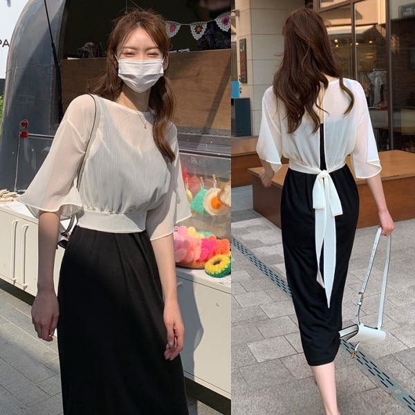 【限量現貨】韓國製．兩件式透膚後綁帶罩衫+細肩帶洋裝．白鳥麗子