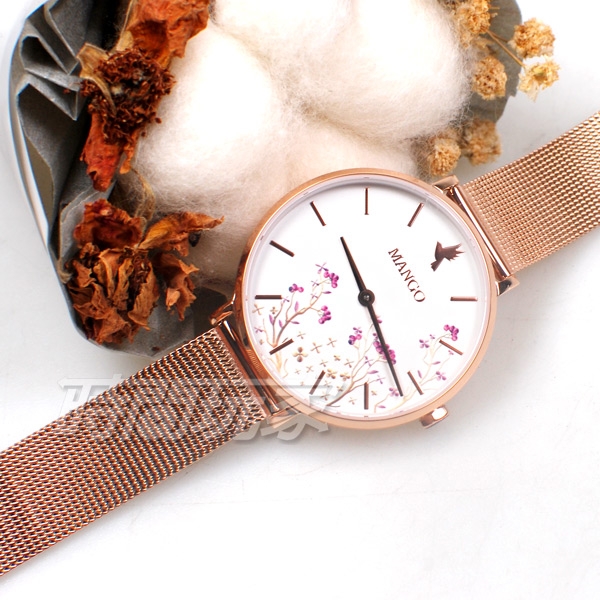 (活動價) MANGO 幸福青鳥 花漾 3D彩繪設計 米蘭帶 女錶 玫瑰金x白色 MA6767L-80R