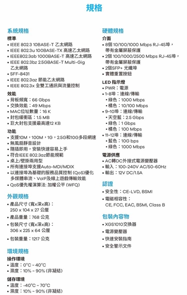 Zyxel合勤 XGS1010-12 無網管型12埠+2埠SFP 10G光纖 Multi-Gigabit乙太網路交換器 (鐵殼) product thumbnail 9