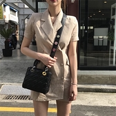 韓國chic棉麻短袖氣質修身短裙西裝領洋裝子女高級設計感小眾夏四季生活