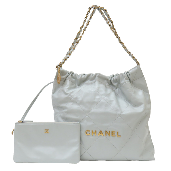 【二手名牌BRAND OFF】CHANEL 香奈兒 藍灰色 牛皮 CHAENL 22 金扣 (無卡)