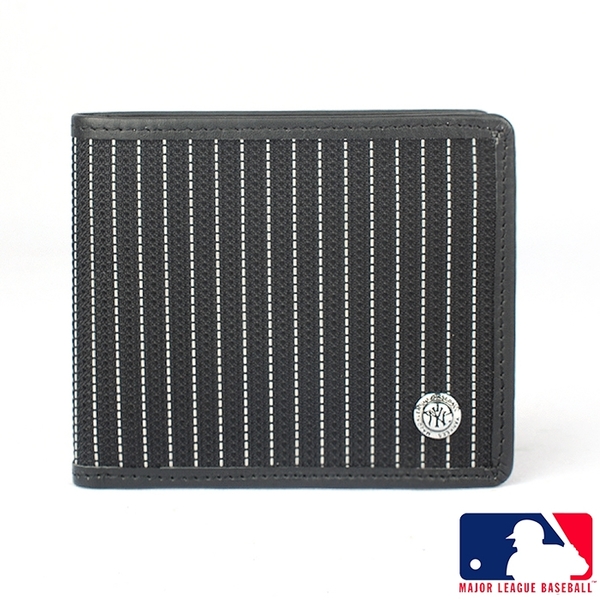 背包族【MLB 美國大聯盟 】洋基 條紋橫式4卡零錢層 皮夾/短夾/錢包-黑色