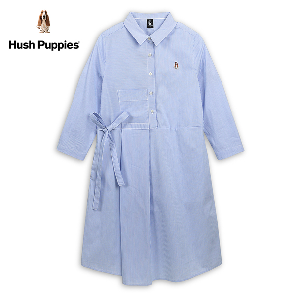 Hush Puppies 洋裝 女裝細條紋綁帶七分袖襯衫領洋裝