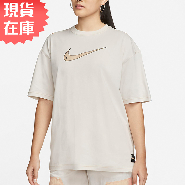 Nike 女裝 短袖上衣 寬版 落肩 棉質 大勾 灰白【運動世界】DM6212-030