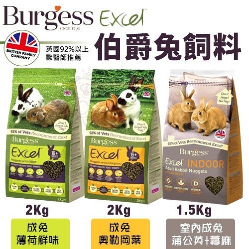 Burgess伯爵 高機能兔飼料 成兔2Kg/室內成兔1.5Kg 自然高纖維39% 防止選擇性攝食『寵喵樂旗艦店』