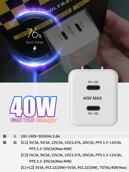 POLYBATT 40W氮化鎵Gan雙Type-C極速充電器-白+CITY勇固45W Type-C to Lightning/iPhone PD編織快充線1.2米-綠 product thumbnail 4