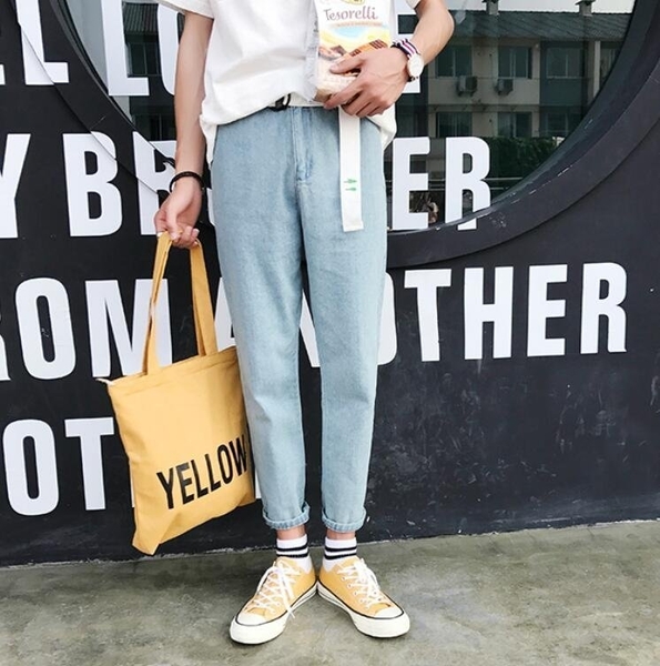 FINDSENSE MD 時尚 男 韓國 復古 簡約 淺藍色 薄款 小腳褲 休閒